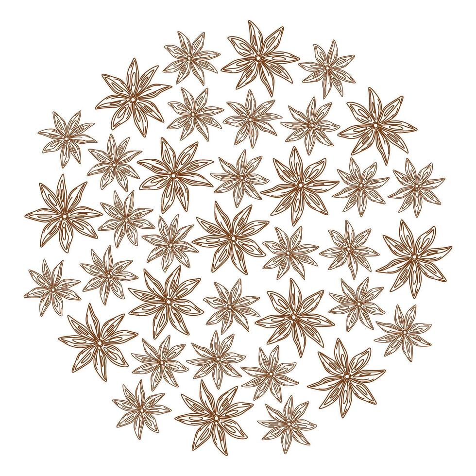 Outline Star Anise Round background texture Herbs and spices day greeting backdrop concept. Template. Isolated illustration Web promo backdrop, cards poster, banner, label, price tag or leaflet vector