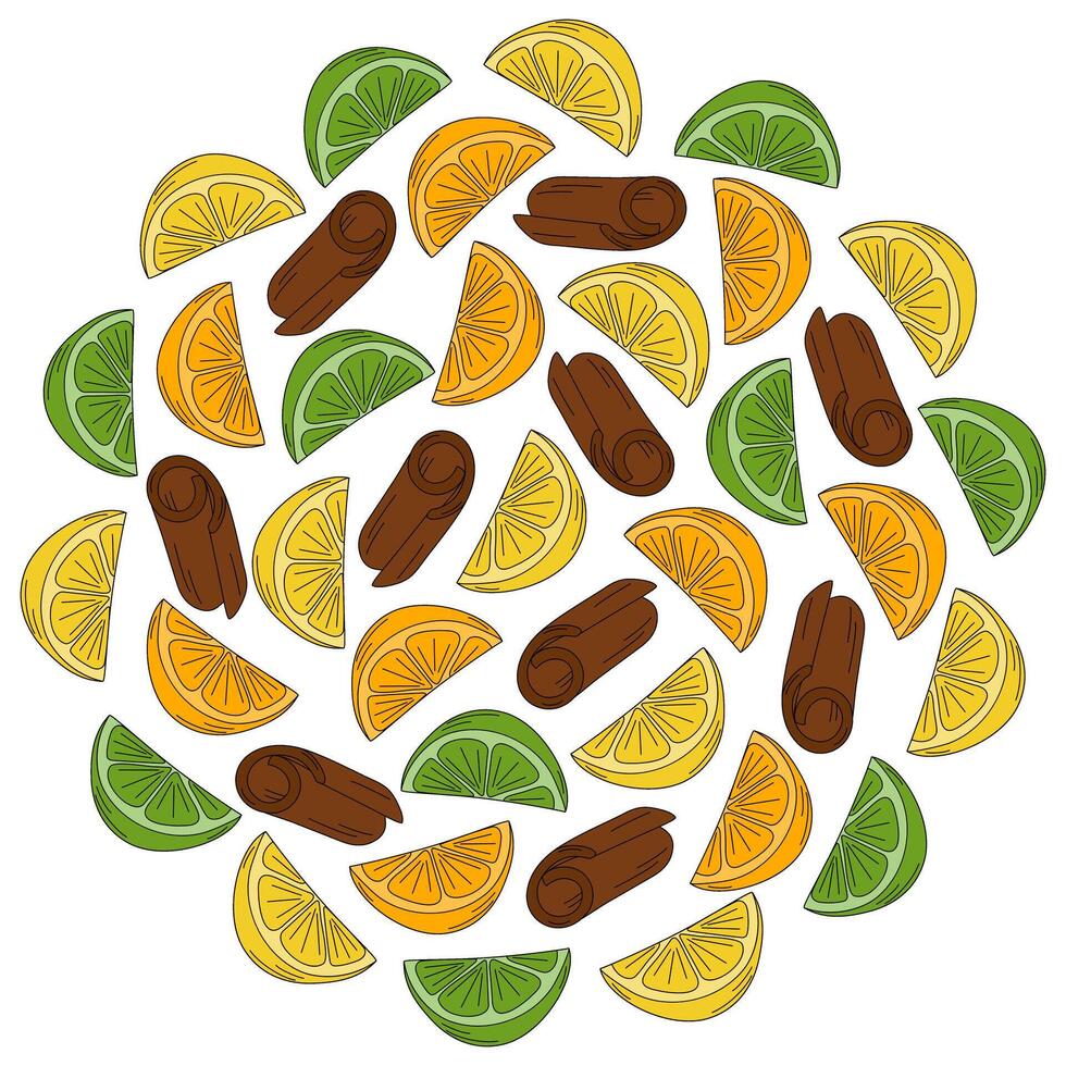 Citrus and cinnamon stick Colorful Round background texture in trendy bright shades. Backdrop idea. Isolated illustration Cards, poster, leaflets, banner, brochures, price, label or web promo vector