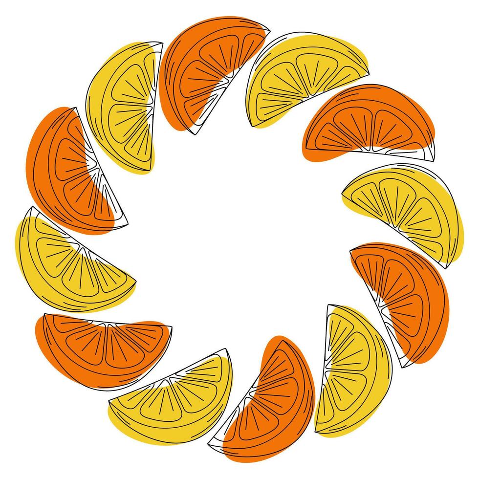 Orange and lemon hand drawn outline slices with yellow and orange abstract spots Round Frame border. Copy space. Isolated illustration Web promo backdrop, cards poster, banner, label or leaflet vector