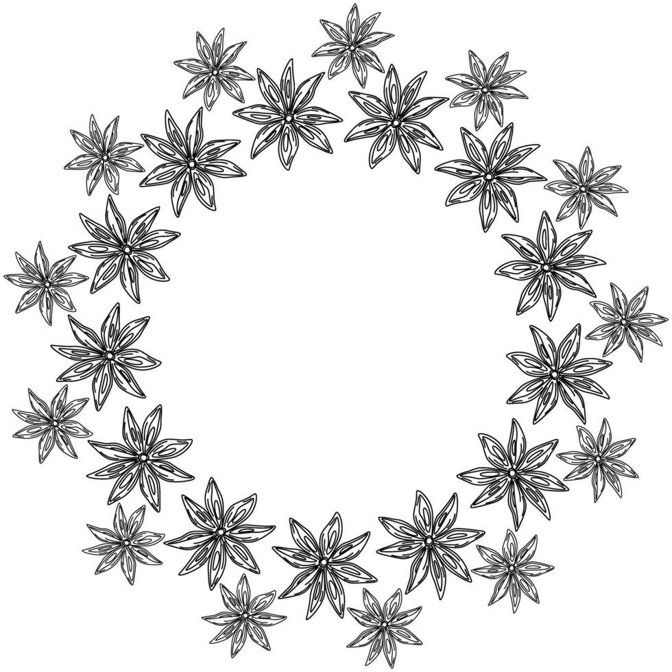 Black and white outline Star Anise Round Frame border Lettering or cards template concept Copy space. Isolated illustration Cards, poster, leaflets, banner, brochures, price, label or web promo vector