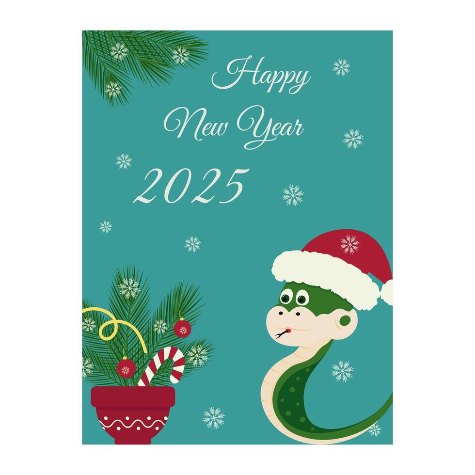 Leaflet with snake in Santa hat and pine twigs in flower pot with Christmas decoration and snowflake. illustration vector
