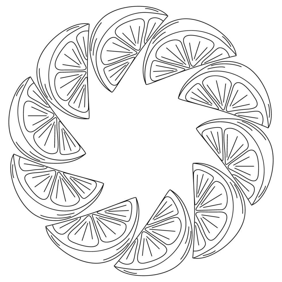 Citrus outline slices Circle frame border in trendy minimalistic style. Template concept. Copy space. Isolated illustration Web promo backdrop, cards poster, banner, label, price tag or leaflet vector
