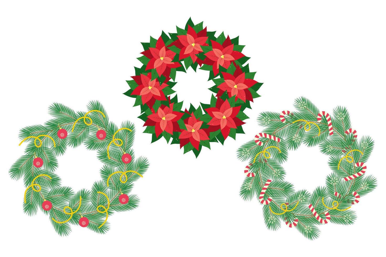 Evergreens twigs with decorated and Poinsettia wreath in trendy Christmas shades. Set of 3 Frames. Copy space. Isolated illustration vector