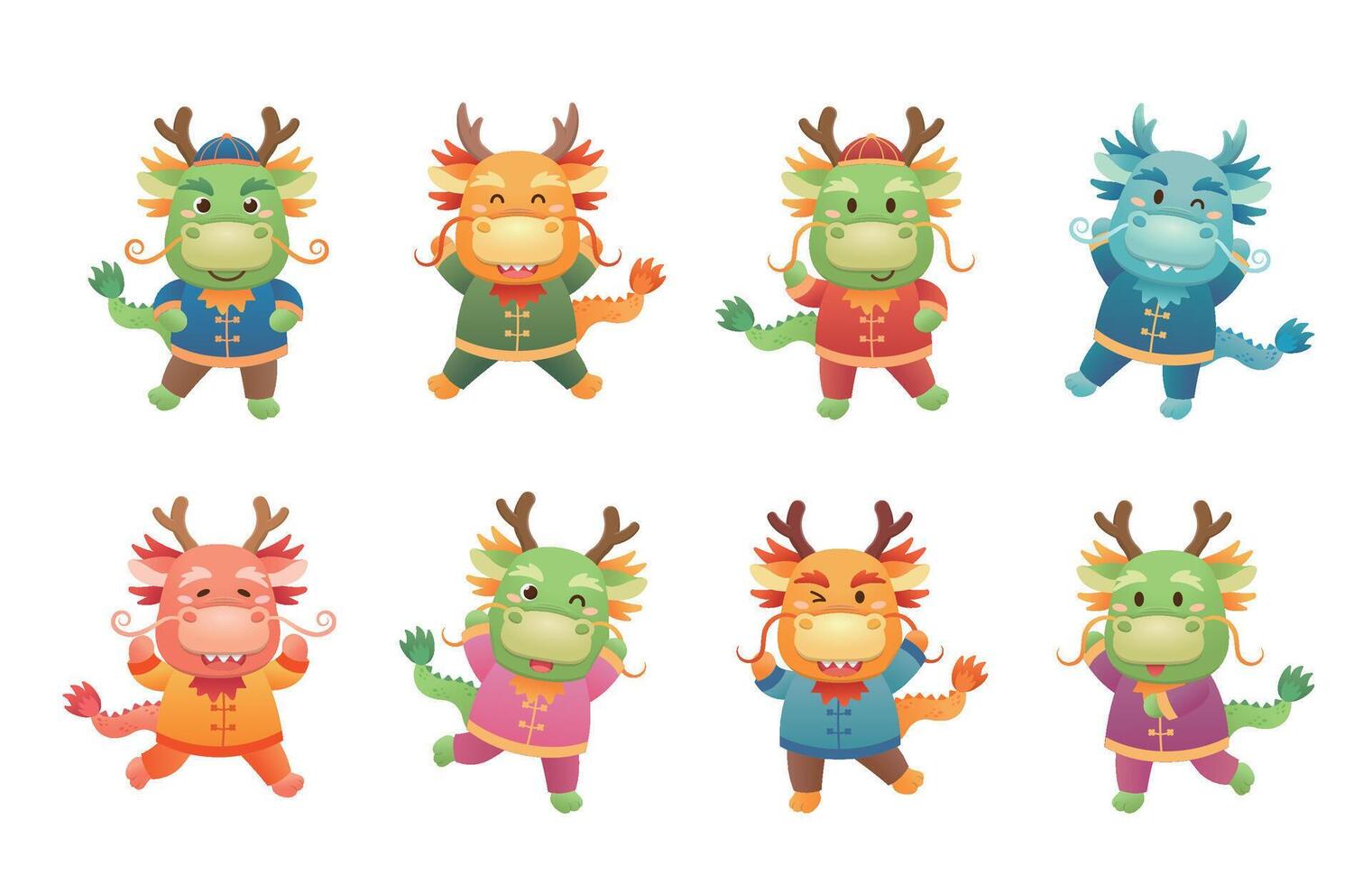 Chinese New Year, 8 different shapes of dragon mascots, myths or legends vector