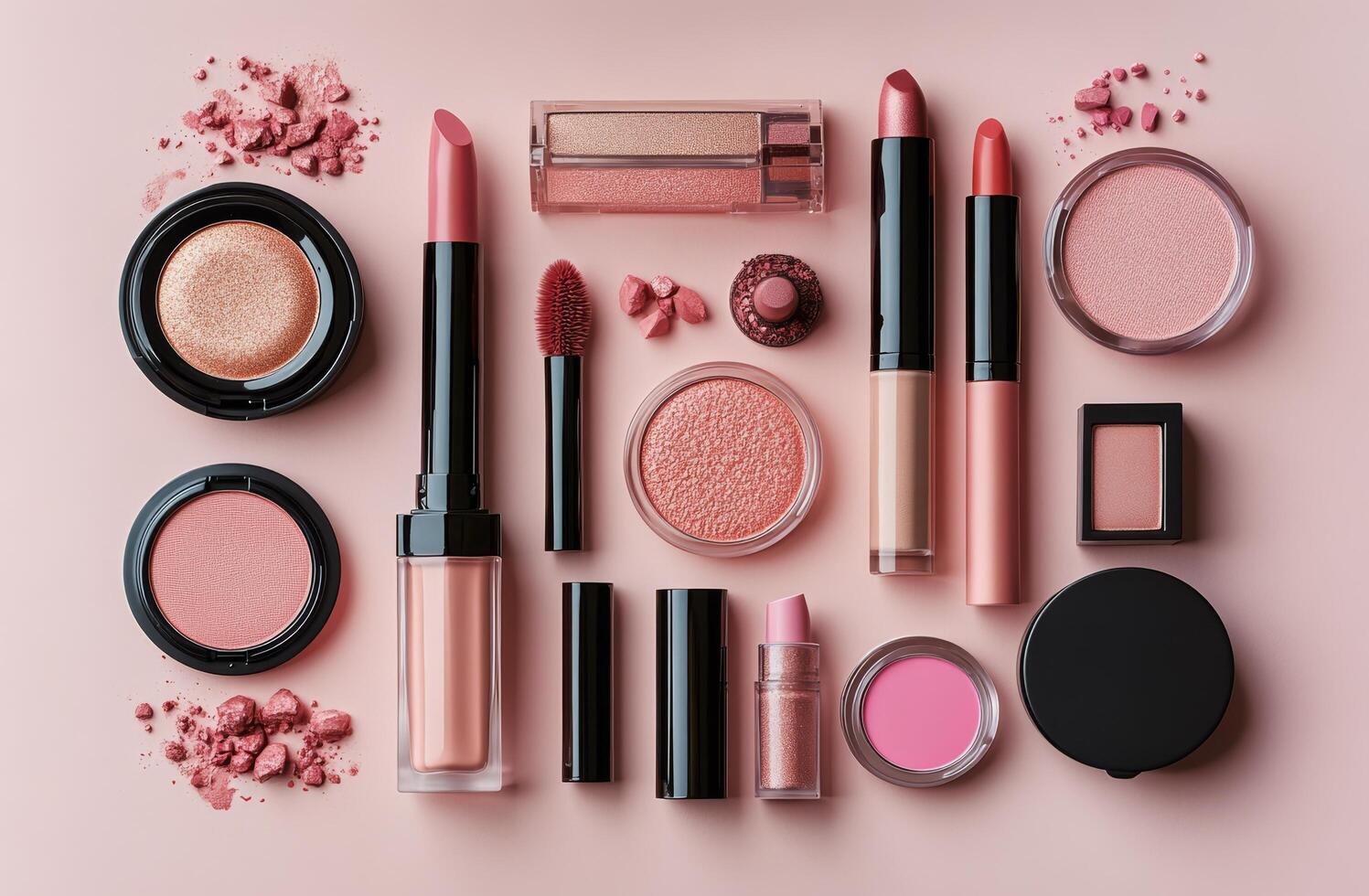 A collection of blushes and cosmetic products arranged on a soft pink surface with tools nearby photo