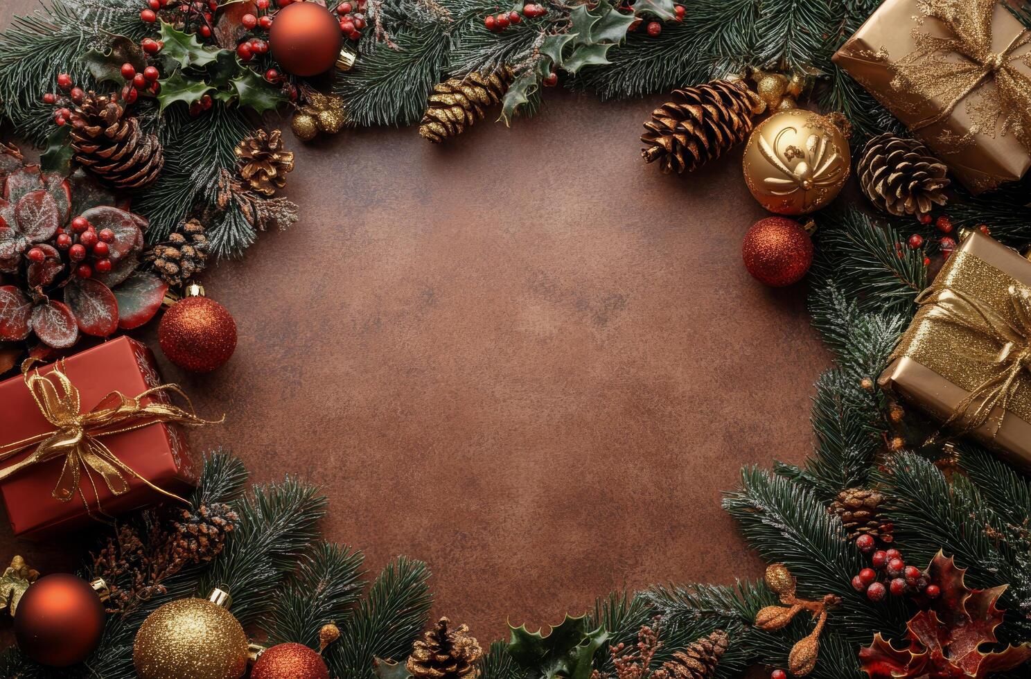 Elegant Christmas decorations with golden gifts and pine branches on a dark background photo