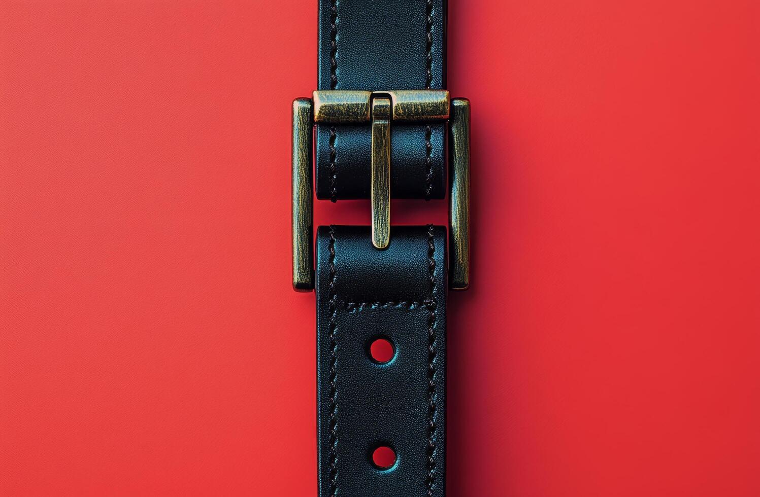 Black leather belt against a bright red background showcasing simple elegance and style photo