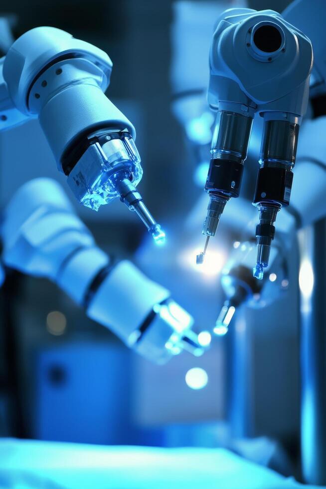 Robotic surgical instruments displayed in a modern medical facility during a procedure photo
