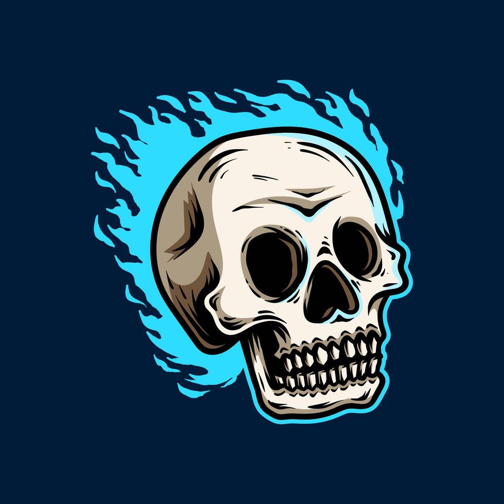 Angry face cartoon of human skull with flame vintage classic art line style vector