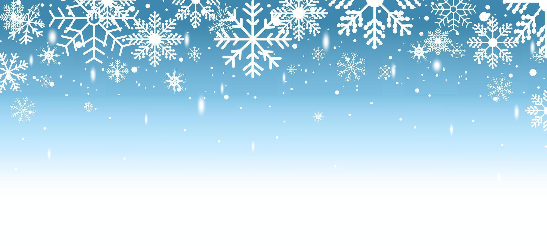 Winter snowflake on blue background. New Year snowstorm or blizzard realistic backdrop. Christmas background with snow. vector