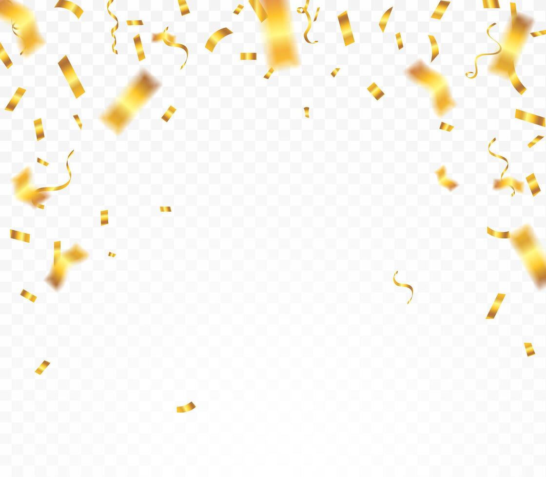 Gold confetti. Shiny ribbons falling on abstract background. Design template for party celebration and birthday banner background, confetti, vector