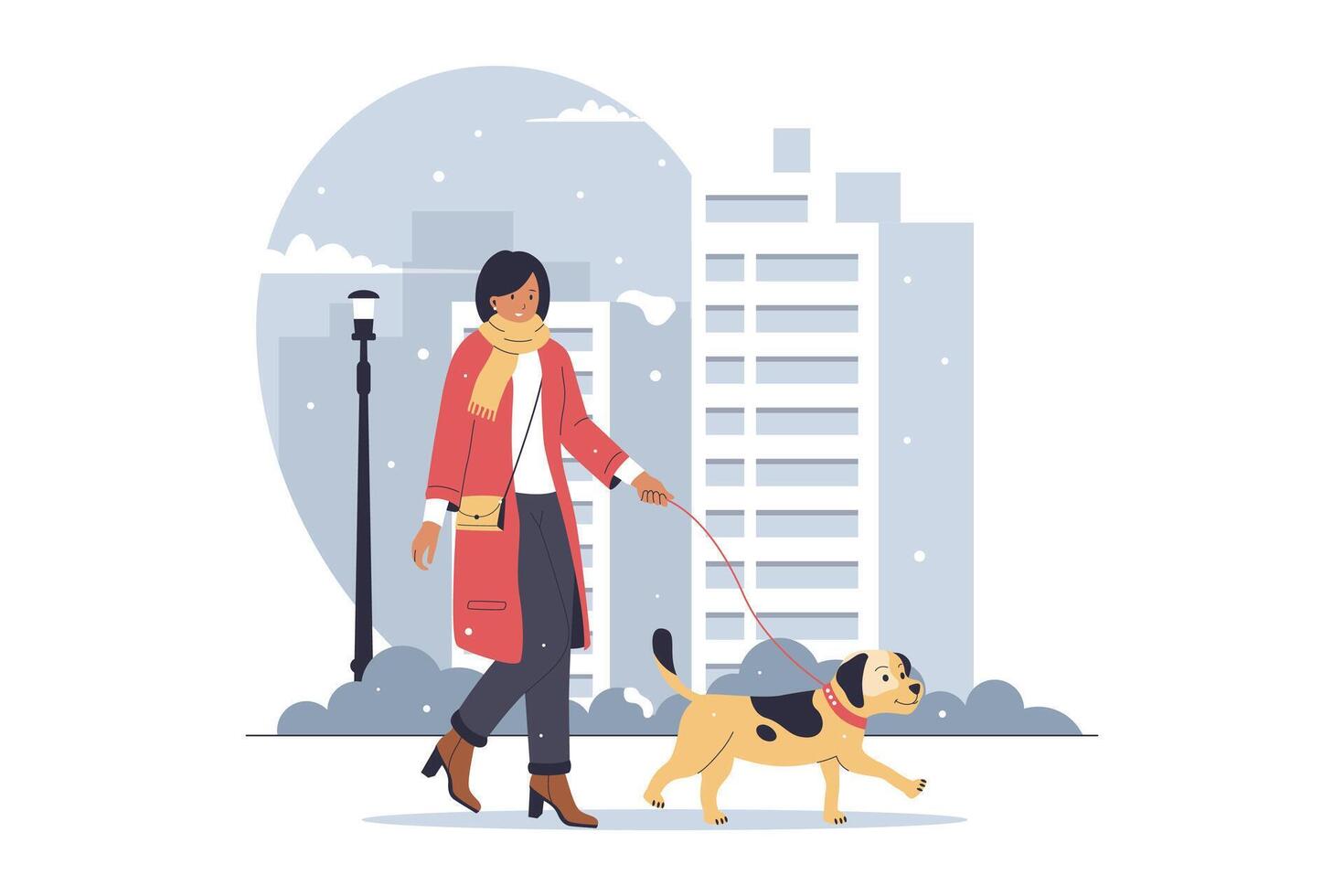 Woman walking dog in winter concept illustration vector