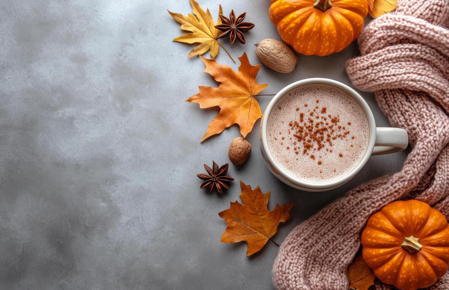 Cozy fall coffee arrangement with pumpkin, knit sweater, and autumn leaves on a gray background photo