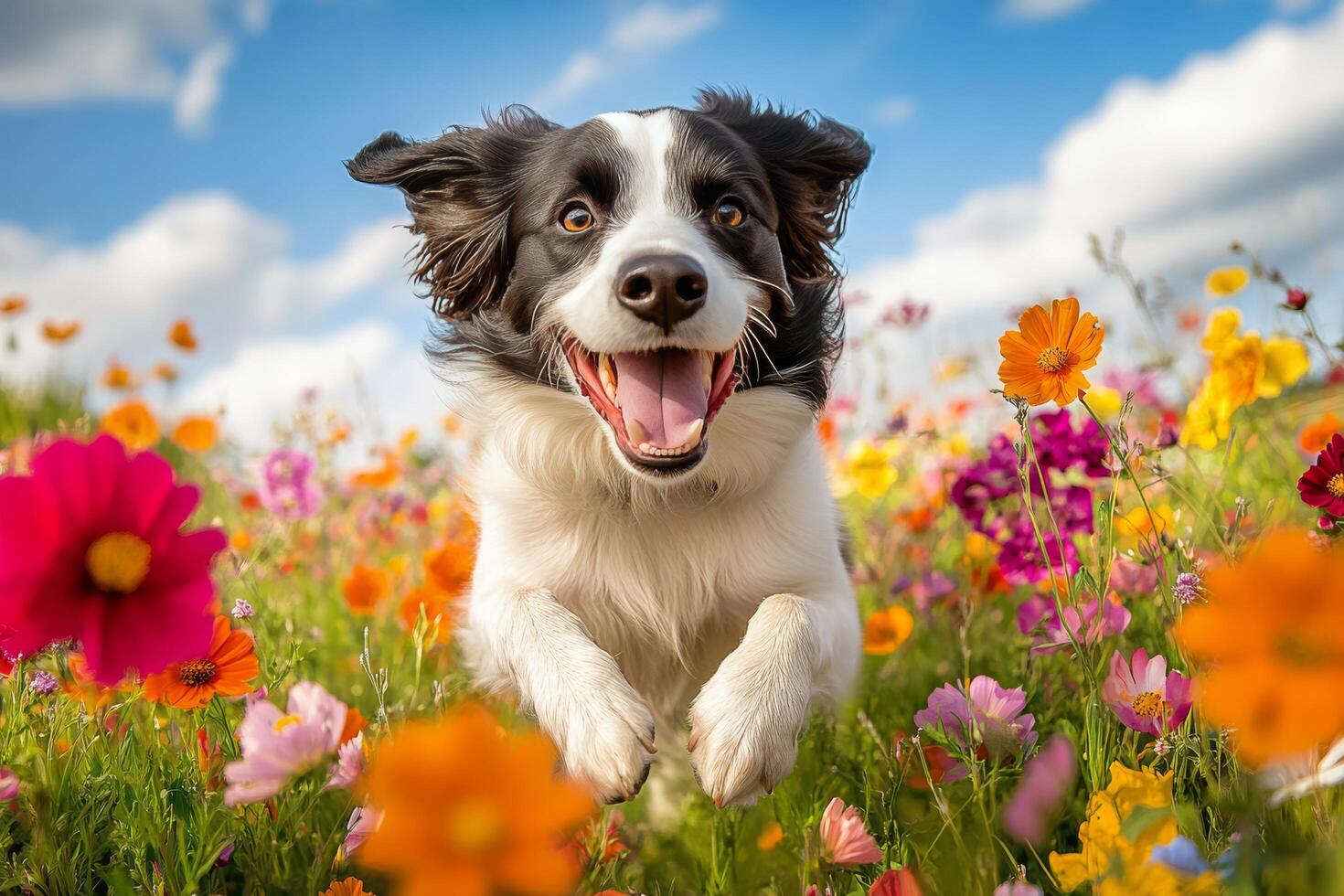 Happy dog running through a colorful flower field on a bright sunny day in spring photo
