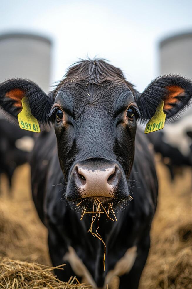 Close-up of a curious cow in a grassy field during overcast weather photo