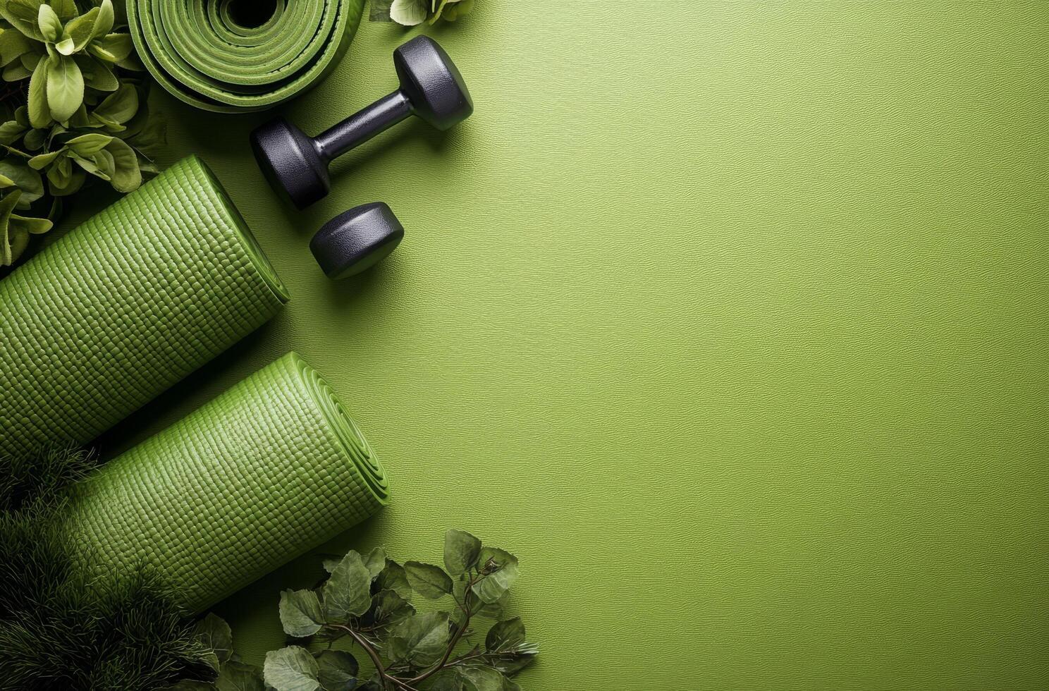 Fitness equipment on a green mat in a home workout setting during the day photo