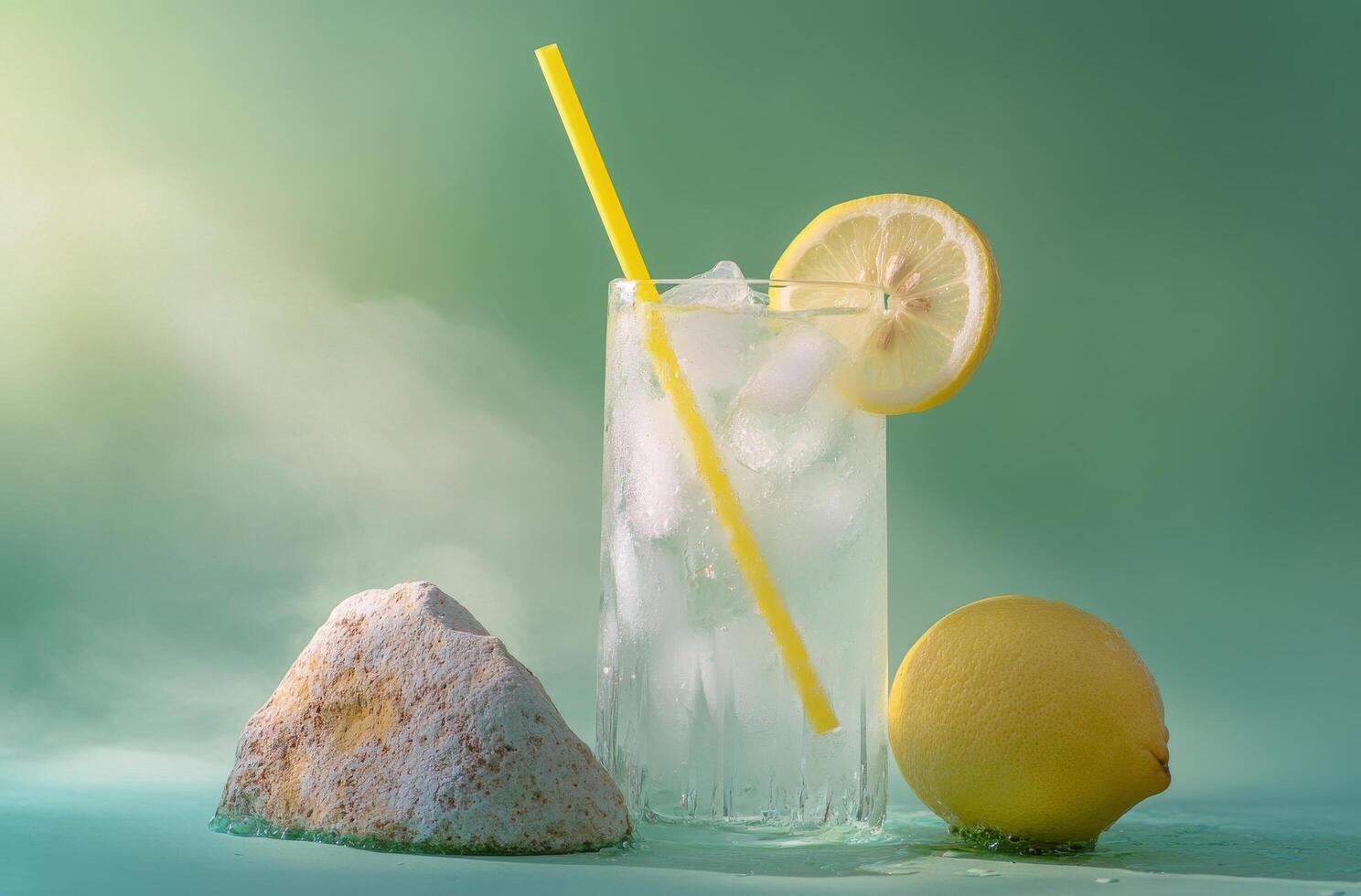Refreshing lemon drink served in a glass with ice and a yellow straw on a light background photo