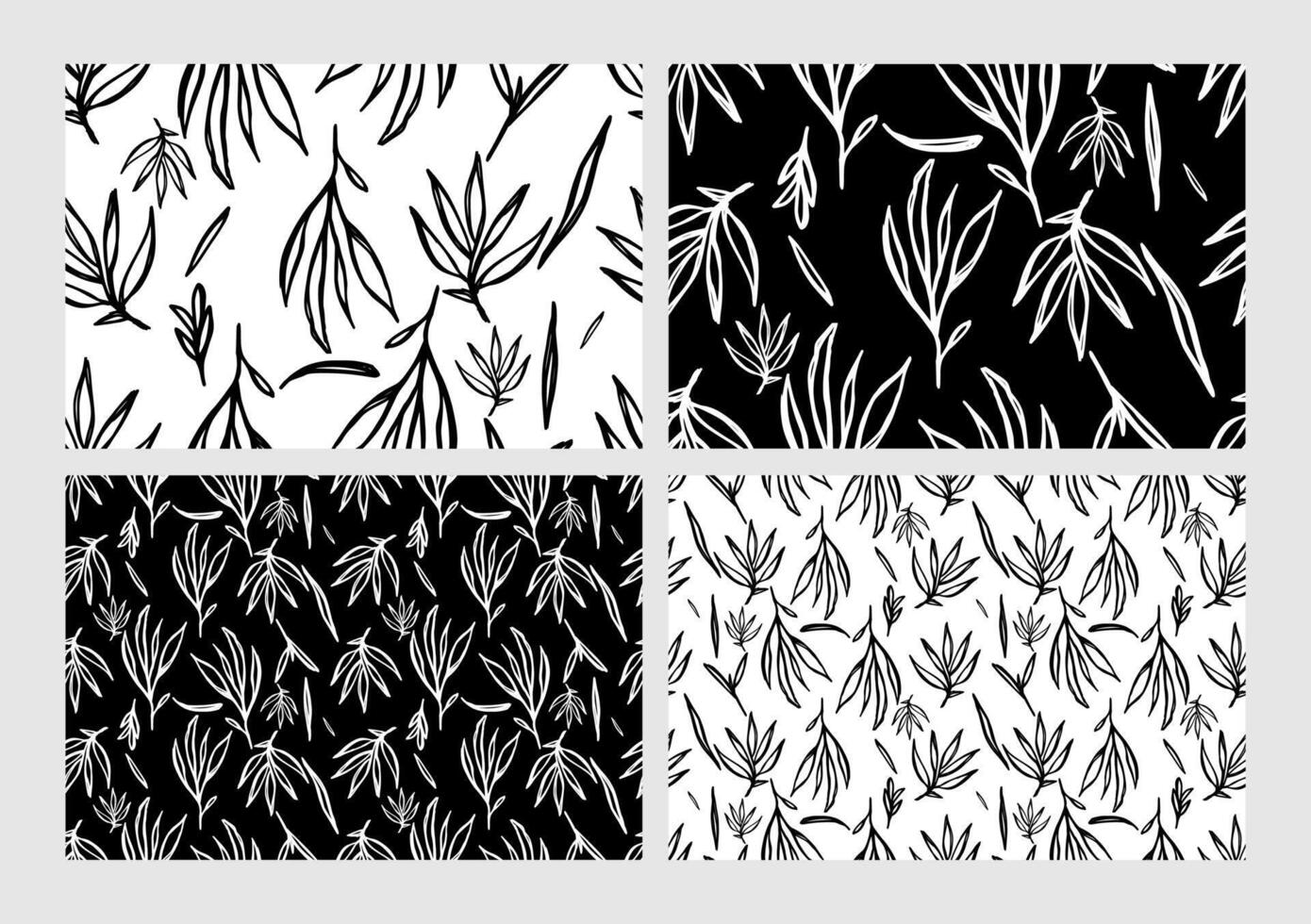 Abstract black brush-painted plants with outlined leaves and branches, creating a seamless pattern of hand-drawn silhouettes. vector