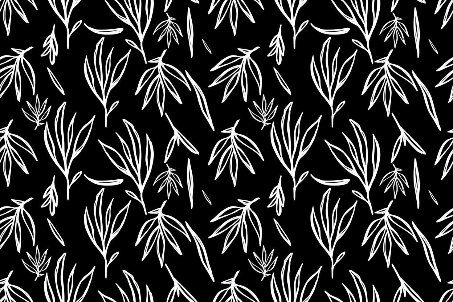 Natural organic ornament with abstract black brush-painted plants, showcasing a seamless pattern of outlined leaves and branches. vector