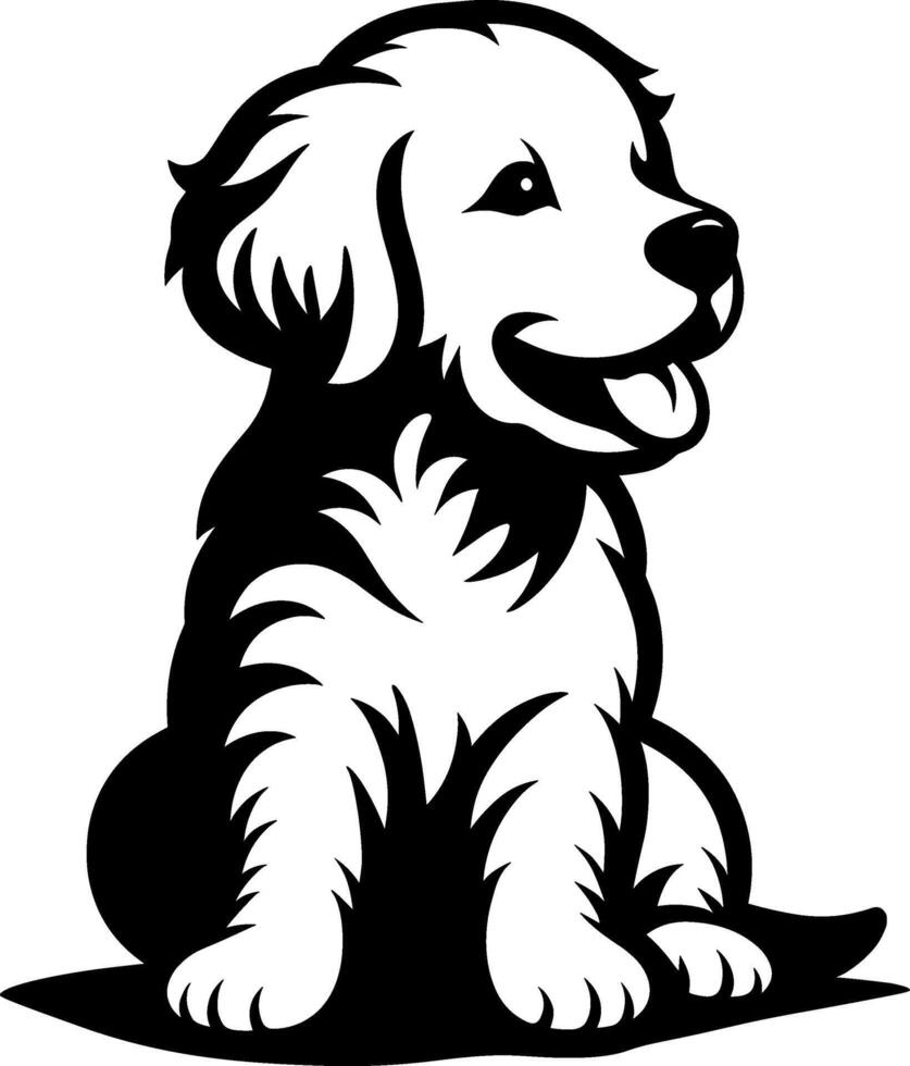 A black and white dog sitting on the ground vector