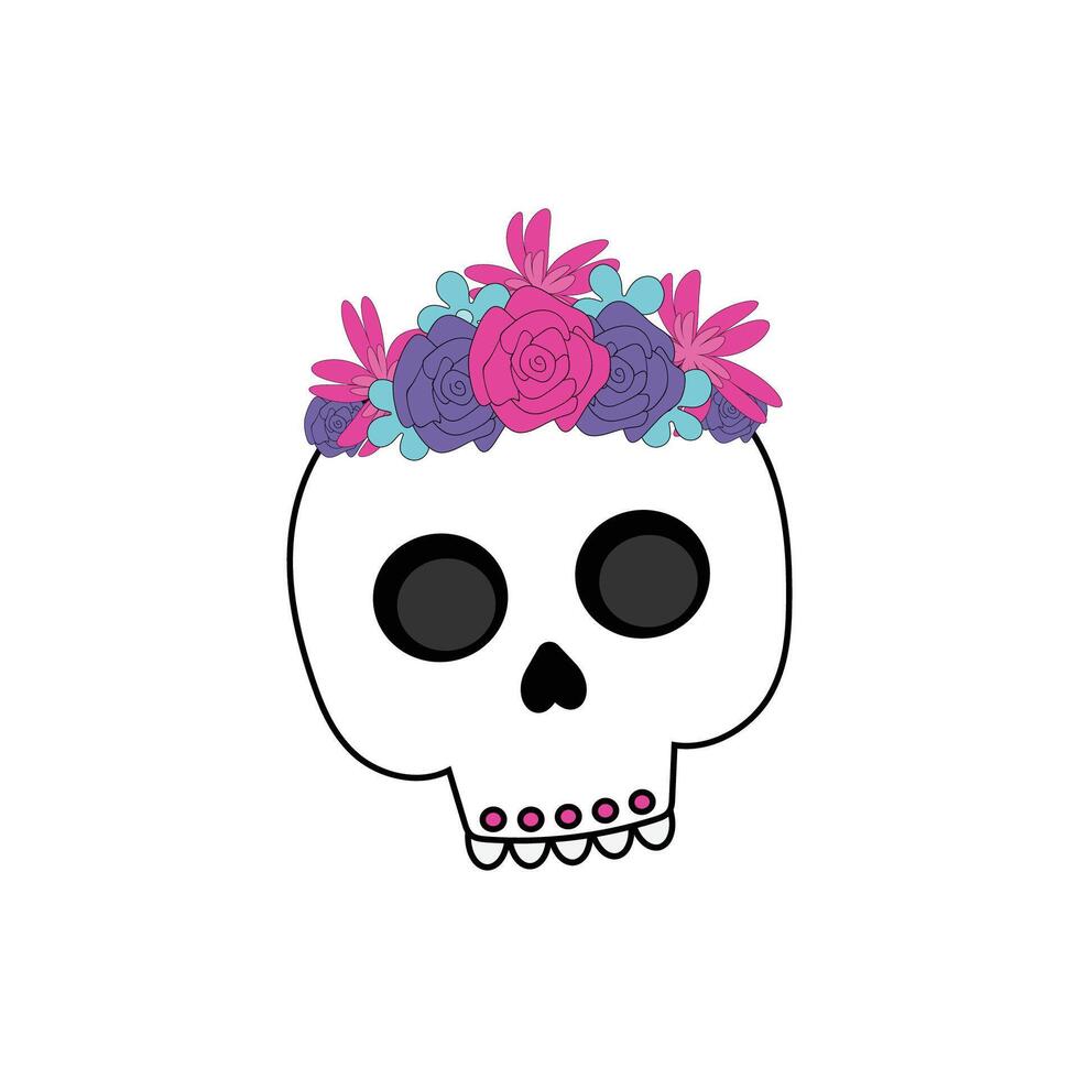 Cute skull with a wreath of flowers on its head on a white background. vector