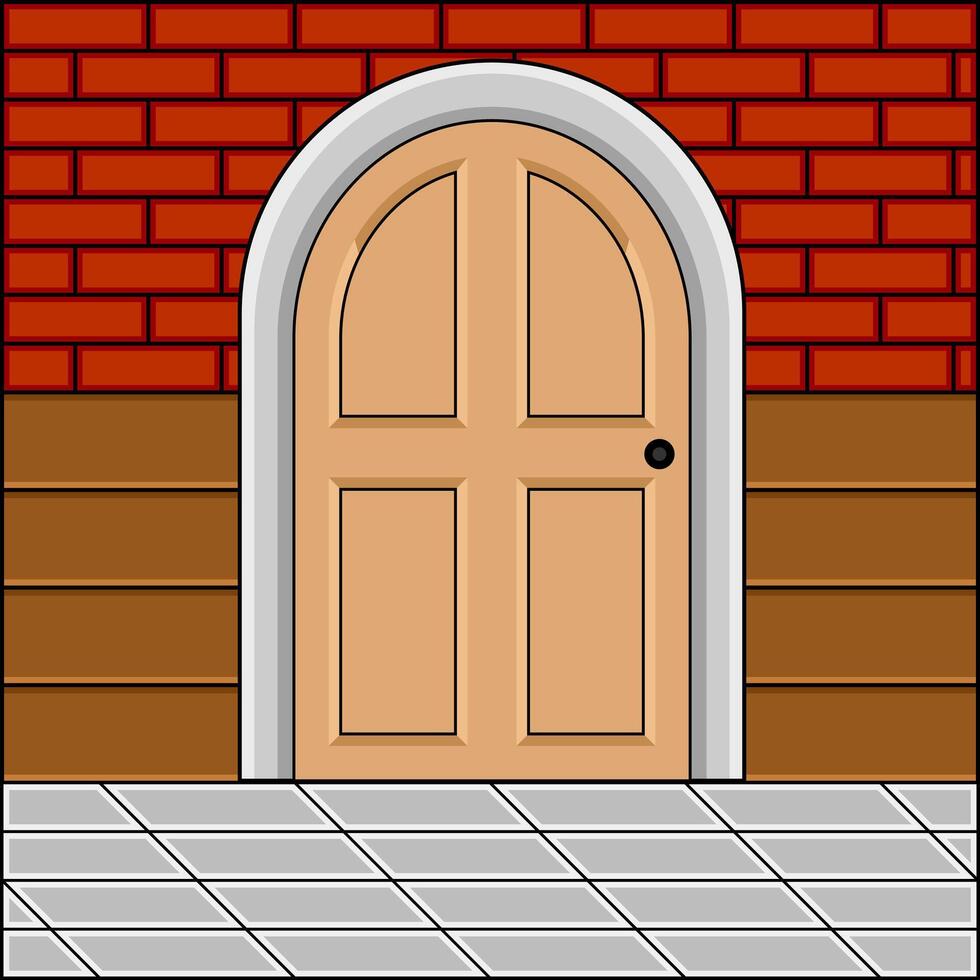a cartoon door with a brick wall and a tiled floor vector