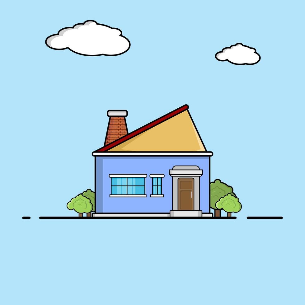 a cartoon house with a tree and clouds in the sky vector