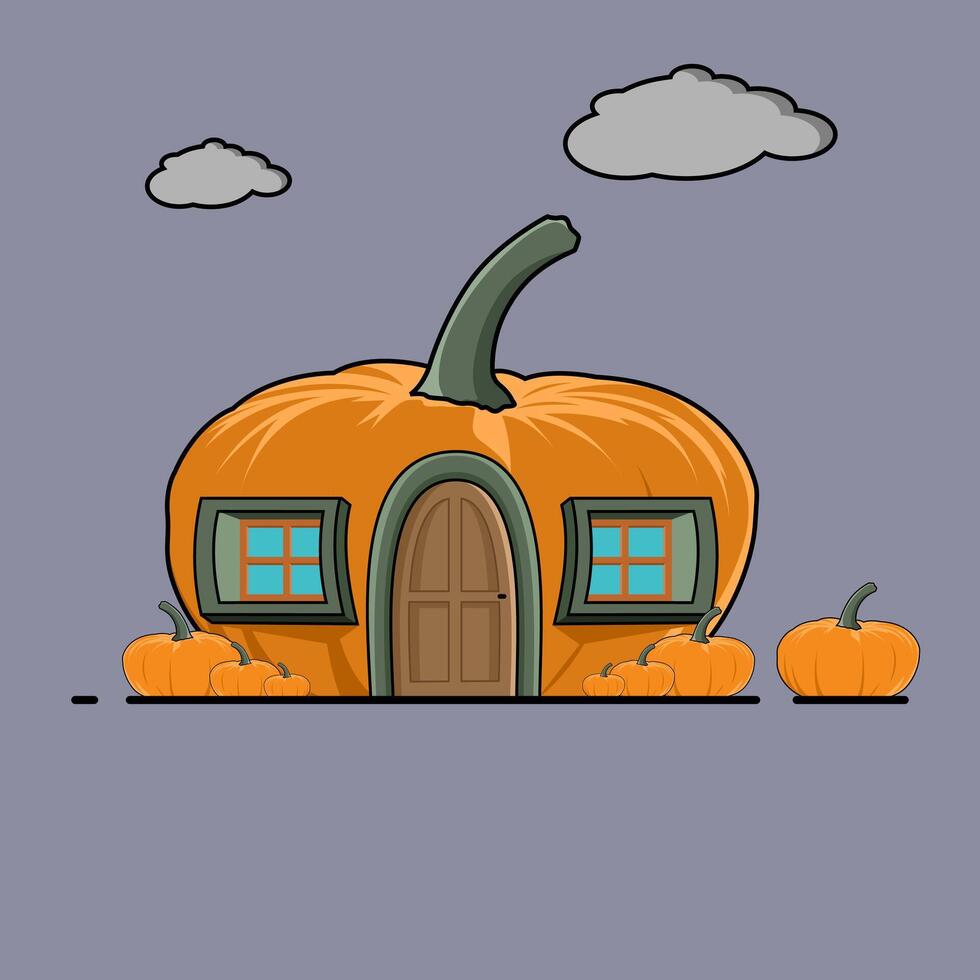 a cartoon pumpkin house with a wooden door and windows vector