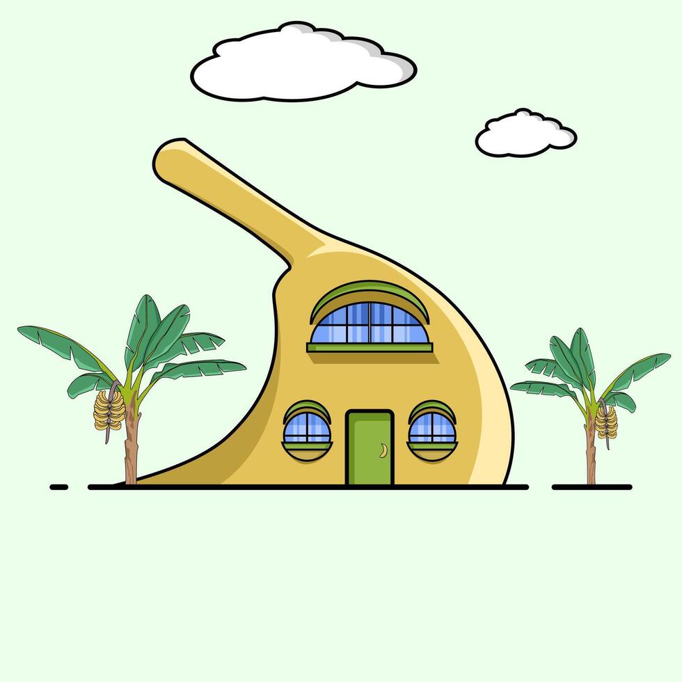 A Banana House With Green Door And Windows And Banana Trees Around It vector