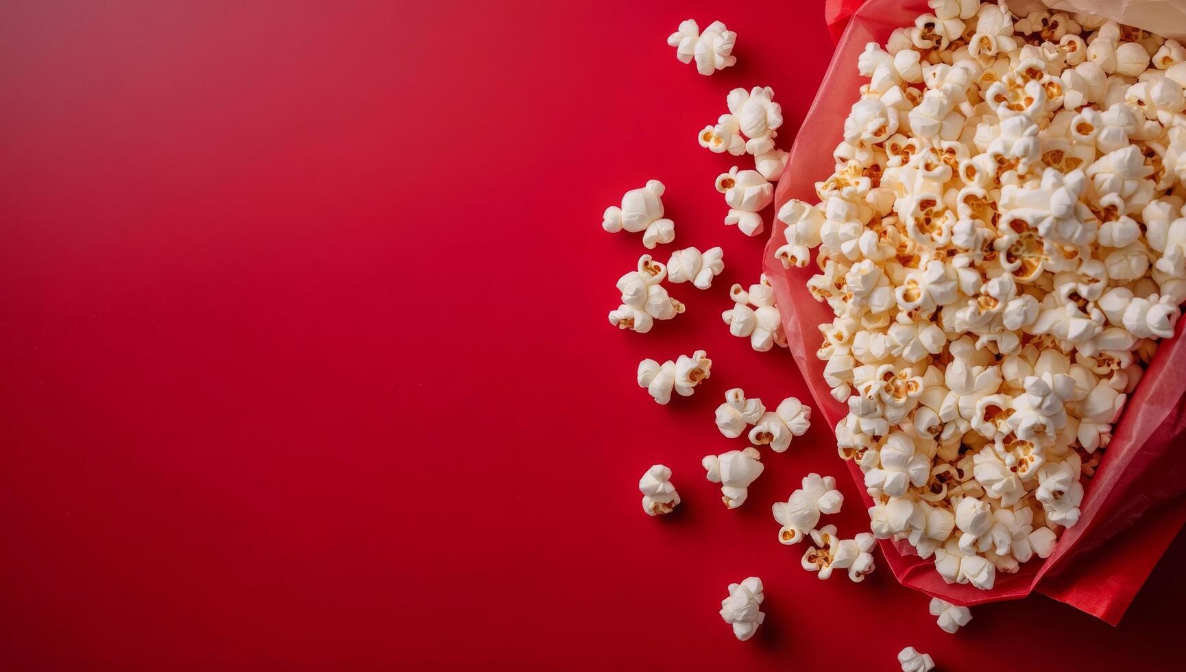 Freshly popped popcorn scattered beside an opened bag on a vibrant red background photo