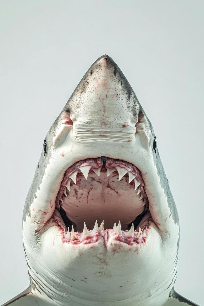 A close-up view of a great white shark with its mouth widely open, showcasing its impressive teeth photo