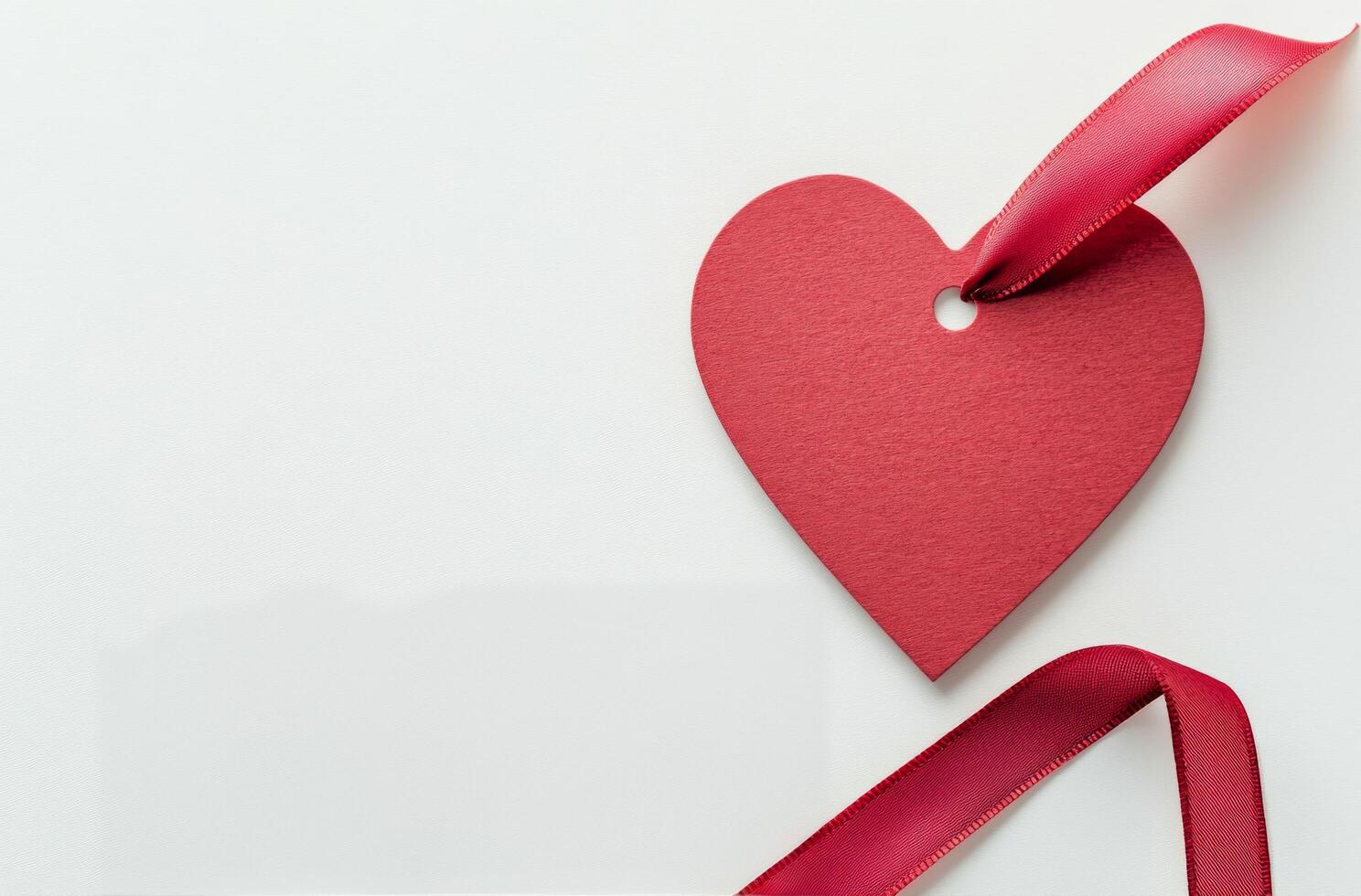 Red heart-shaped tag with a ribbon on a white background for Valentines Day or love occasions photo