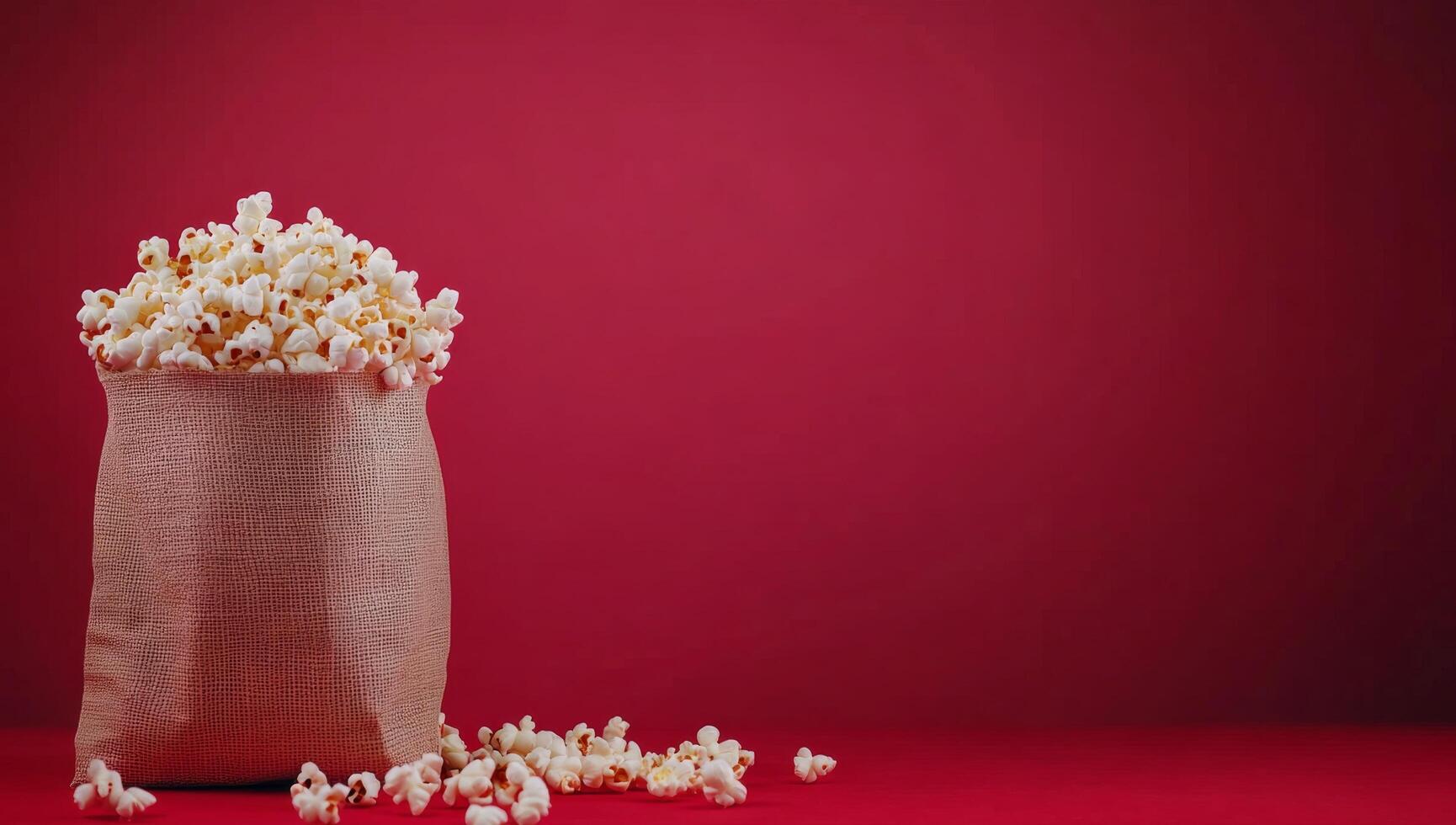 A burlap bag overflowing with buttery popcorn spills onto a vibrant red surface photo