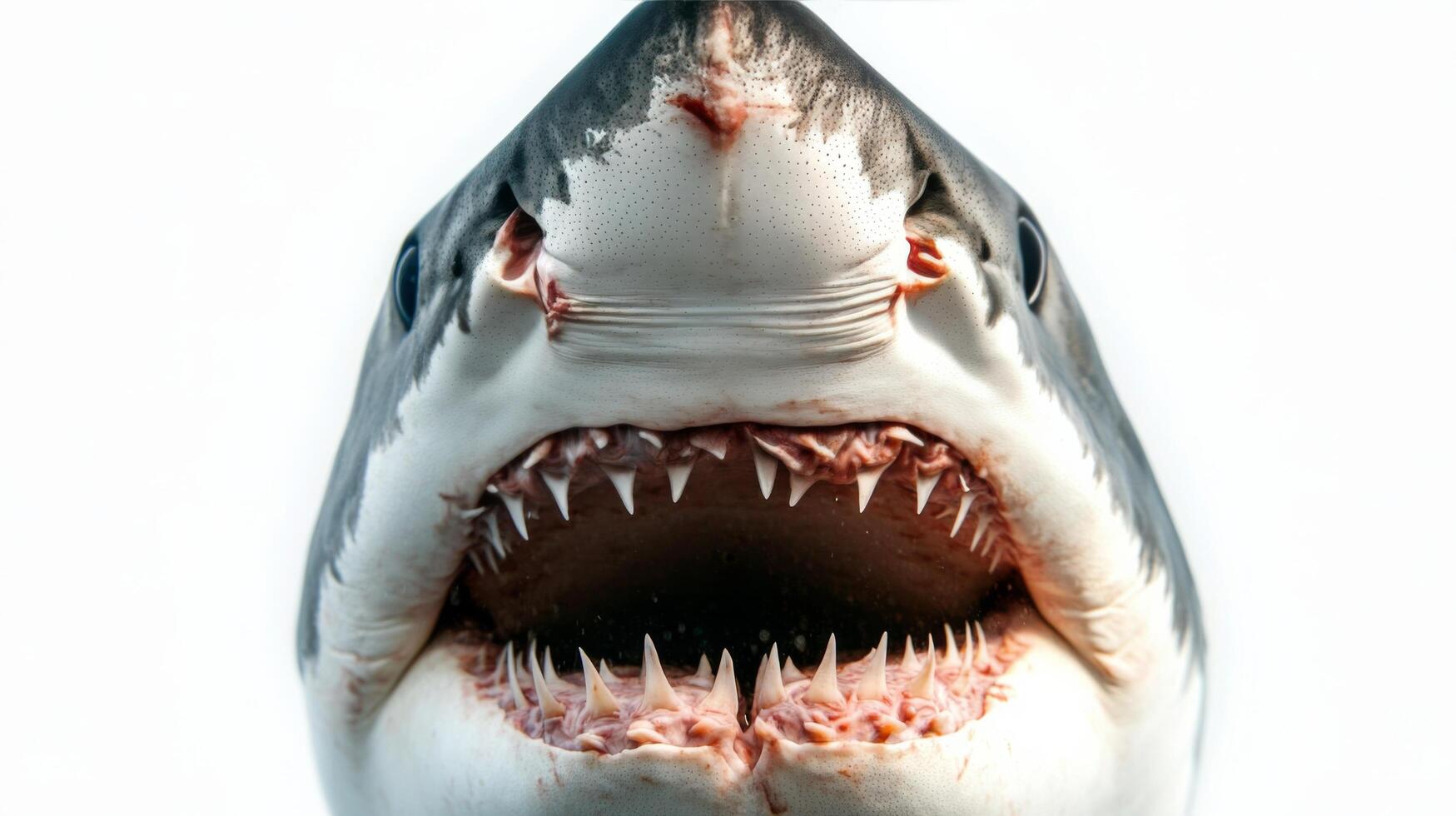 A close-up view of a great white shark showcasing sharp teeth against a neutral background photo