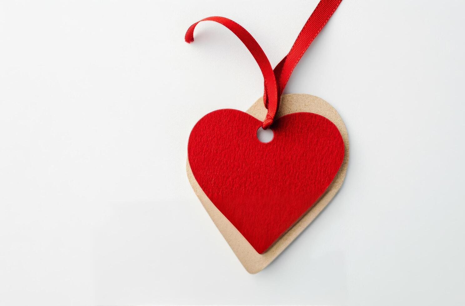 Red heart-shaped tag with a ribbon on a plain white background photo