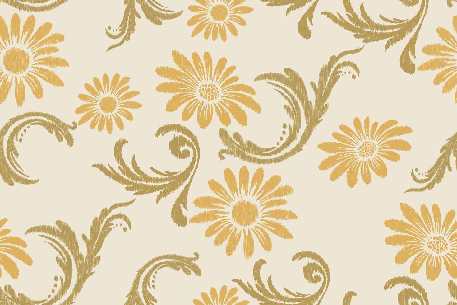 Seamless Ikat Floral Damask Pattern with Yellow and Gold Flowers on Cream Background. Traditional Fabric Design for Wallpaper, Cushions and Home Decor. vector