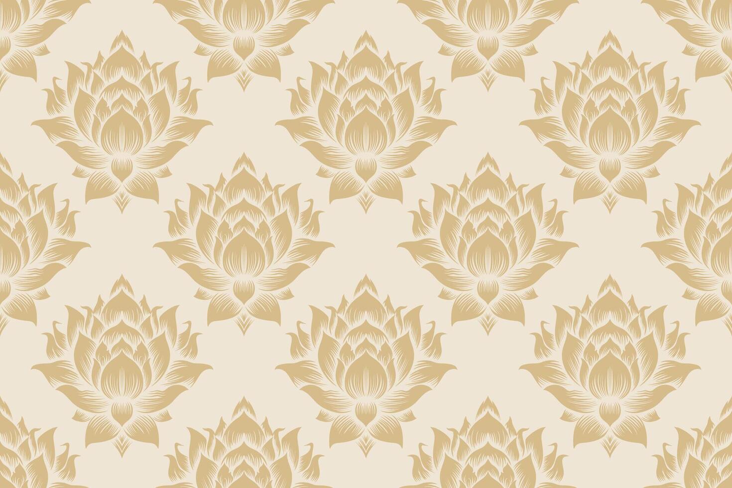 Luxurious Gold Floral Damask Pattern with Elegant Lotus Motif on Beige Background, Perfect for Home Decor, Wallpaper, Textile Design, Fashion, Upholstery, Traditional Interiors, and Wall Art Projects vector