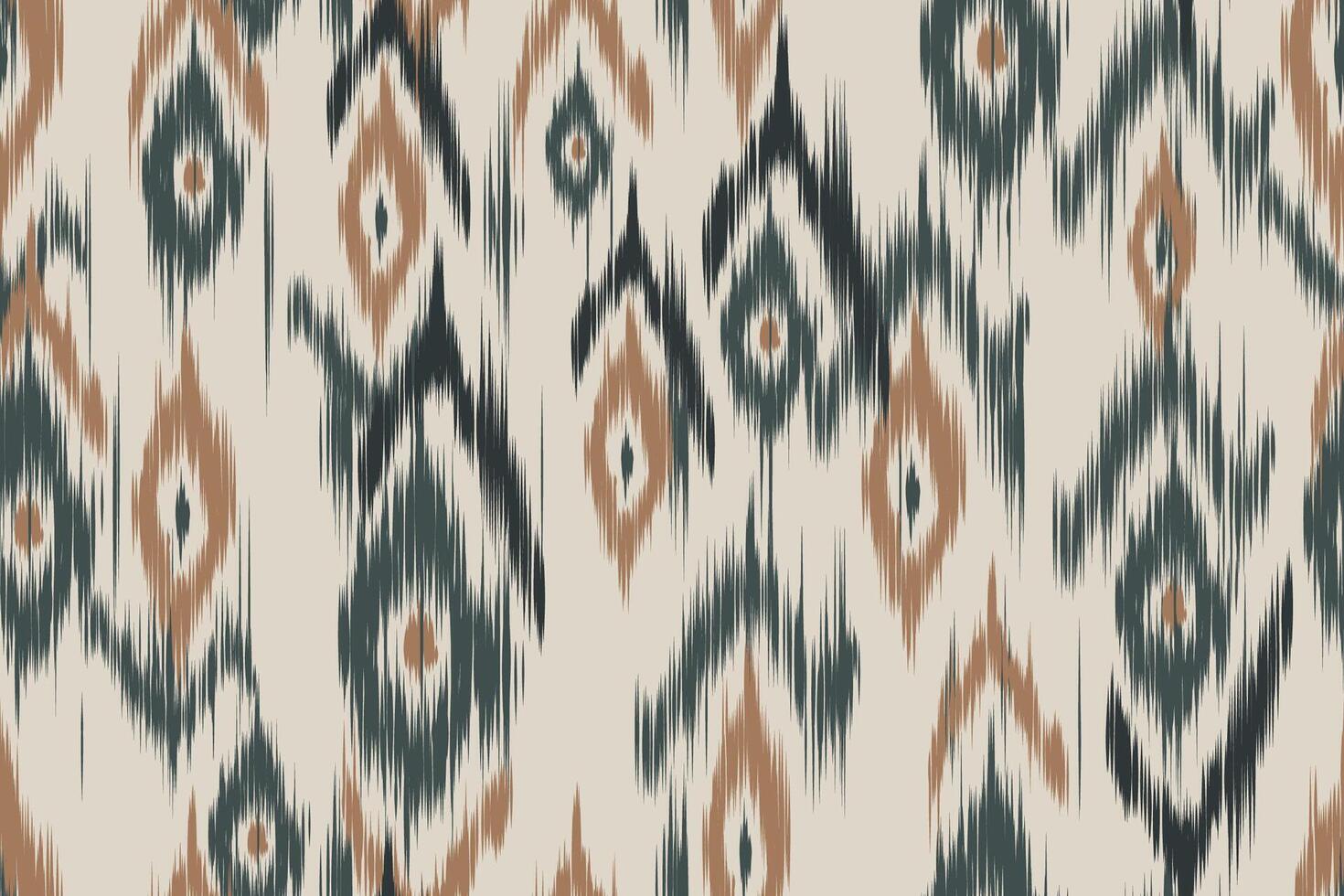 Seamless ethnic Ikat pattern with geometric shapes in earthy tones on beige background. Traditional woven textile inspired by handmade craft, perfect for fabric, home decor, and fashion designs. vector