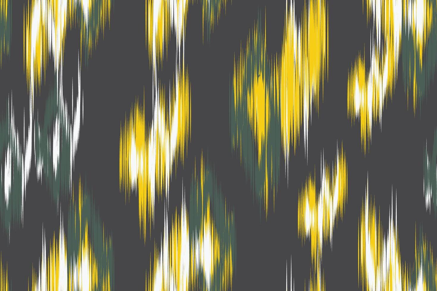 Seamless Ikat fabric pattern with dark background and abstract yellow, white and green stripes. Perfect for textiles, fashion, wallpaper, bohemian home decor and tribal prints. vector
