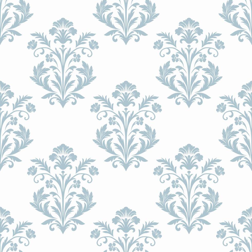 Luxurious seamless damask pattern in light blue tones, featuring delicate floral elements and intricate designs. Perfect for wallpapers, fabrics, interiors, textiles and classic design projects. vector