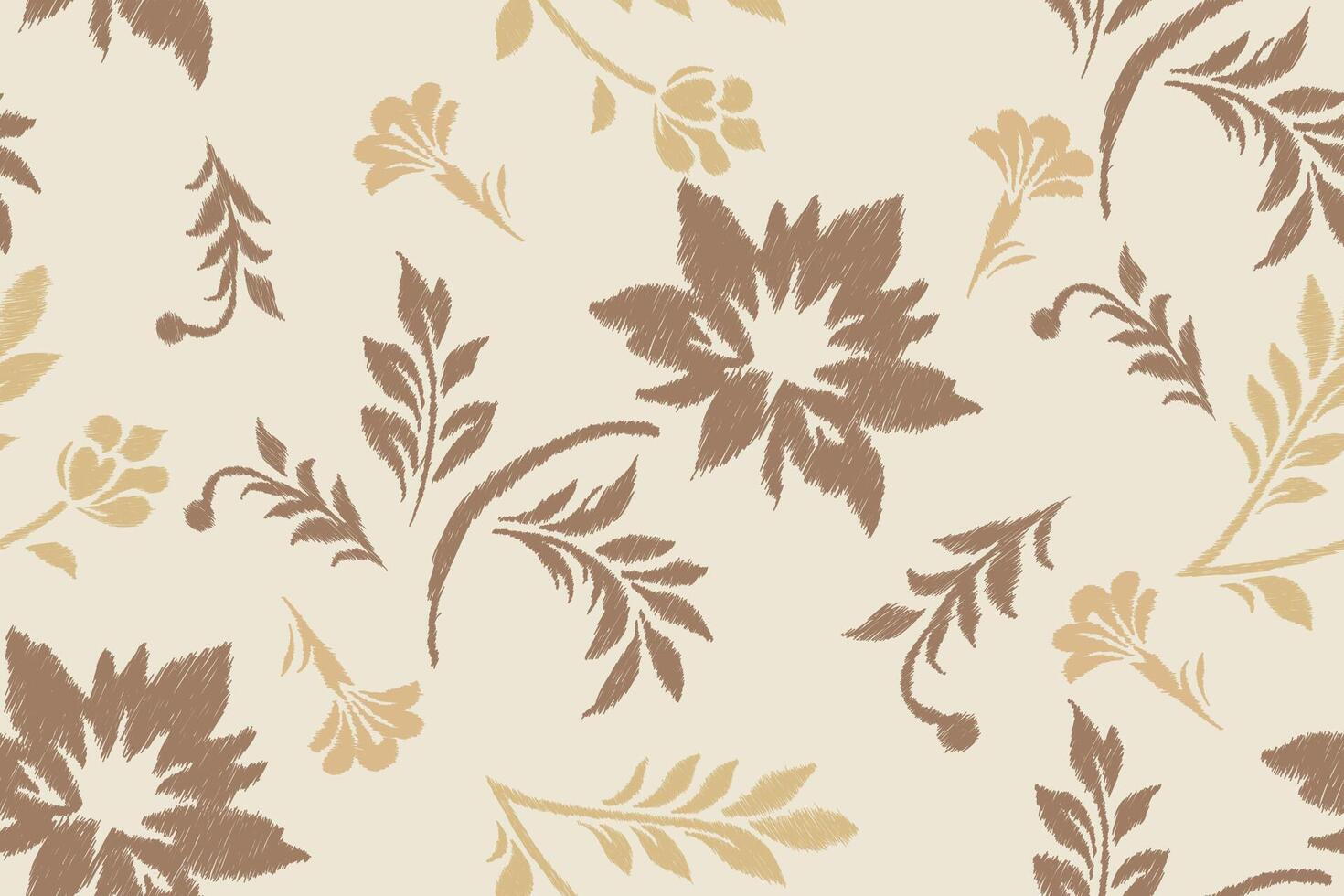 Seamless floral Ikat and damask pattern with brown and beige flowers on cream background. Traditional textile fabric design perfect for wallpaper, upholstery, and interior decor. vector
