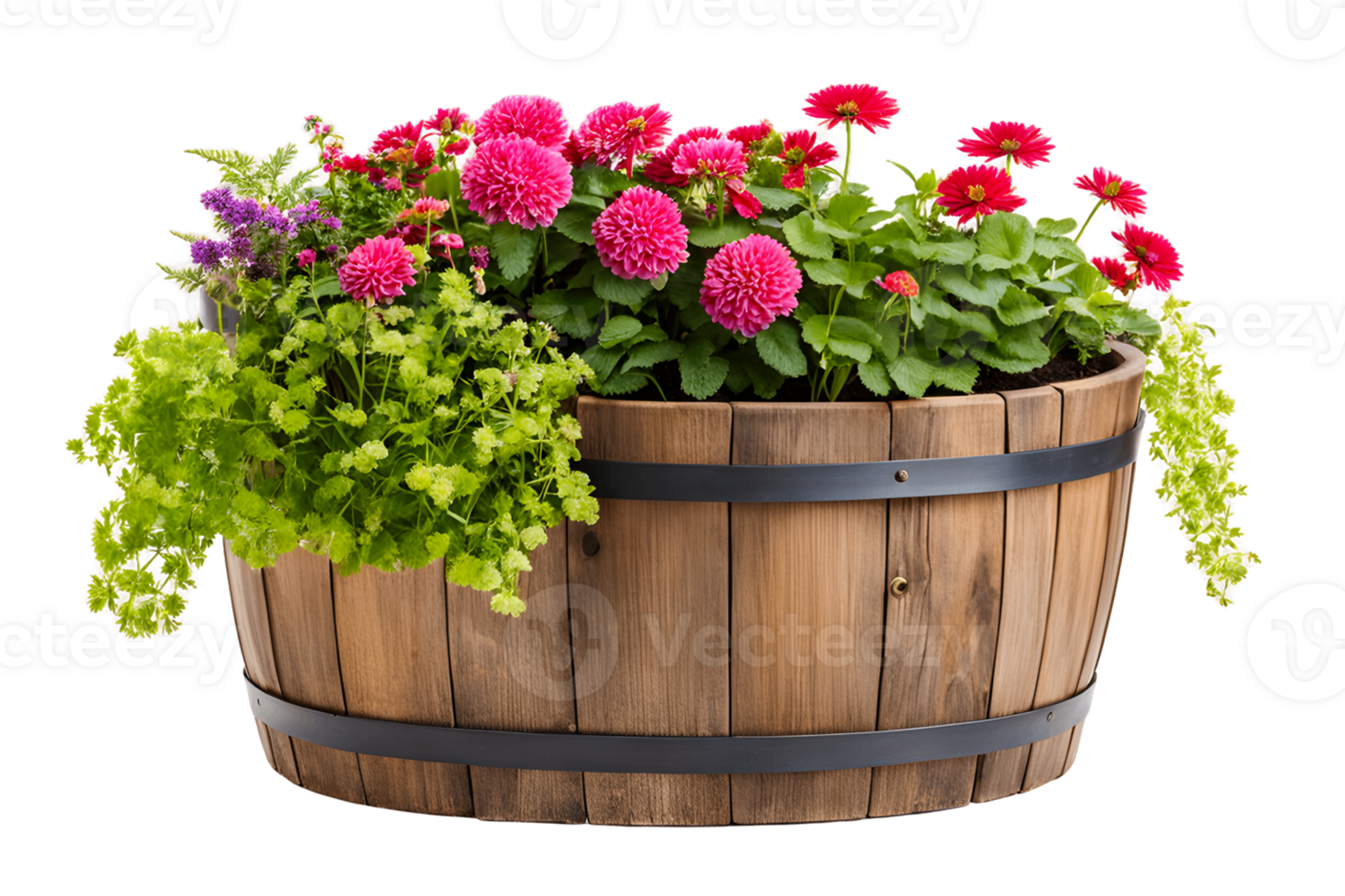 Garden Charm Barrel Planter Isolated on Transparent Background png