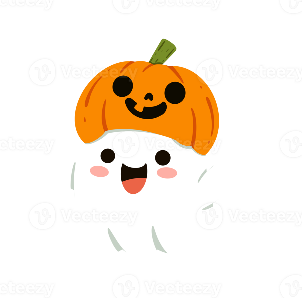 Happy cute smiling ghost wear Halloween pumpkin helmet png