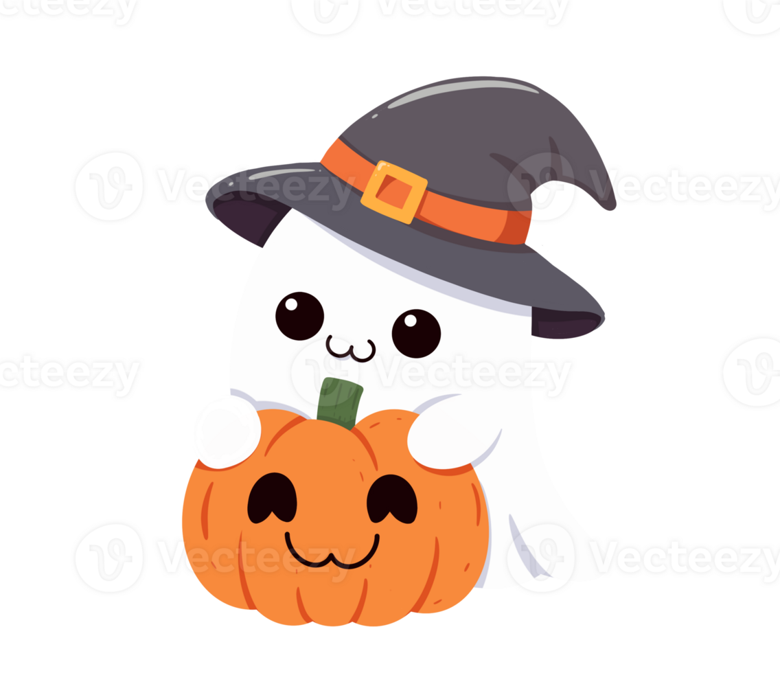 Happy cute smiling ghost wearing witch hat hug Halloween pumpkin png