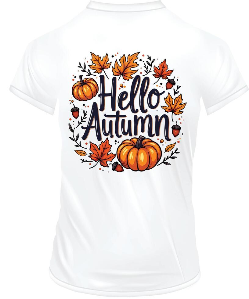 A white t-shirt with a pumpkin on it is displayed on a white background. vector