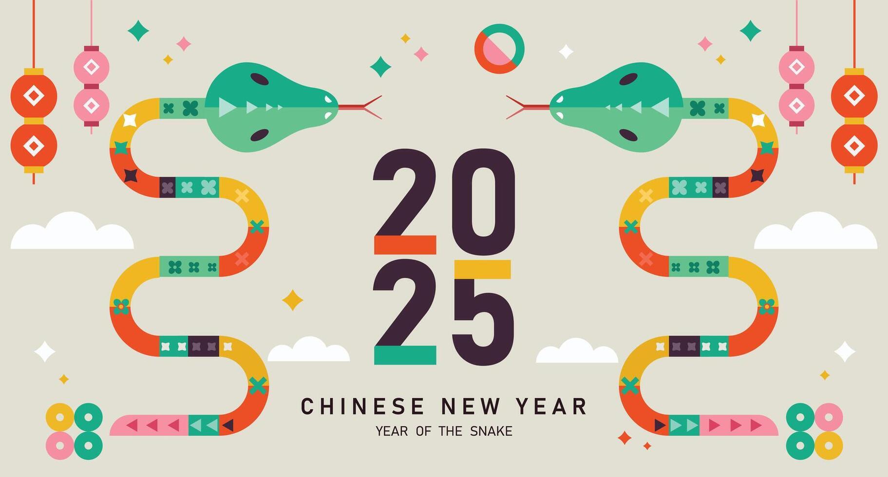 2025 chinese new year ,happy chinese new year 2025, 2025 chinese new year, year of the snake, modern flat geometric style chinese zodiac snake, zodiac snake design vector