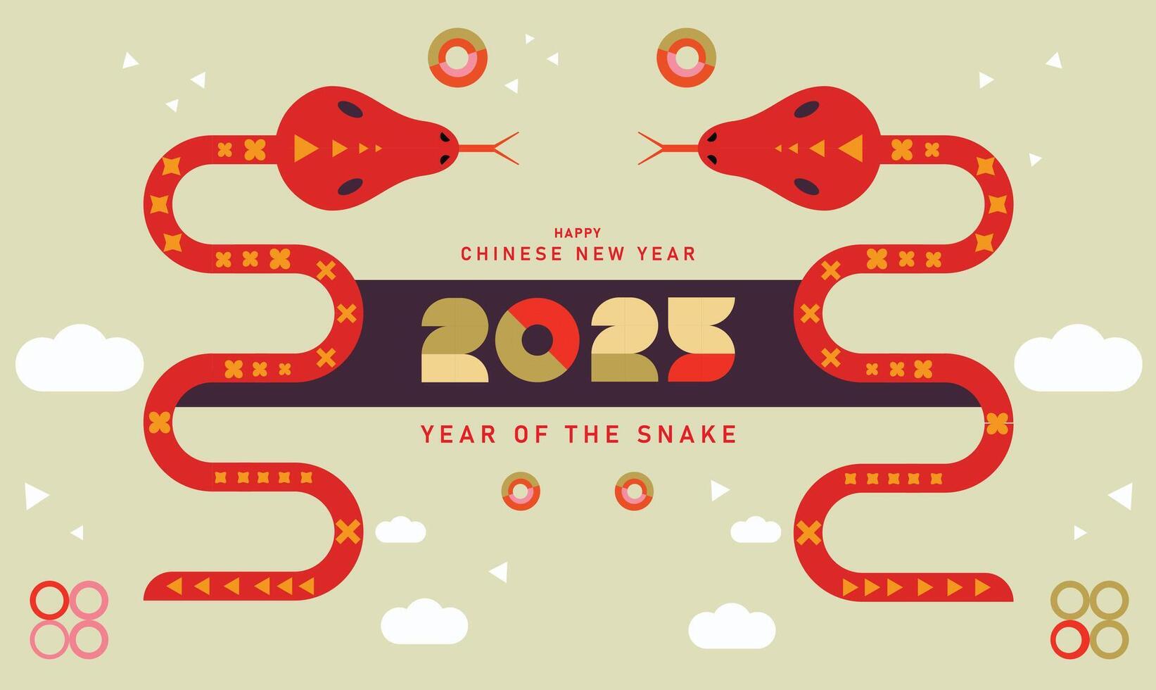 2025 Chinese New Year, year of the Snake. Chinese zodiac snake in geometric flat modern style. Cute cartoon snake new year 2025 card, postcard, banner. vector