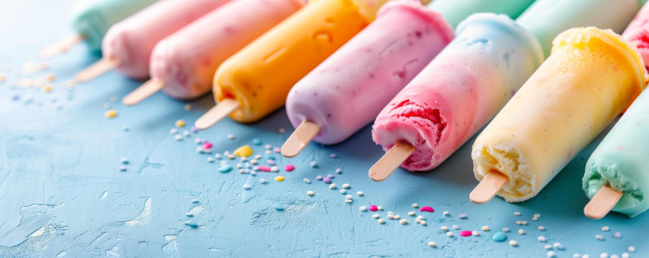 Colorful Frozen Treats on Blue Surface With Sprinkles photo