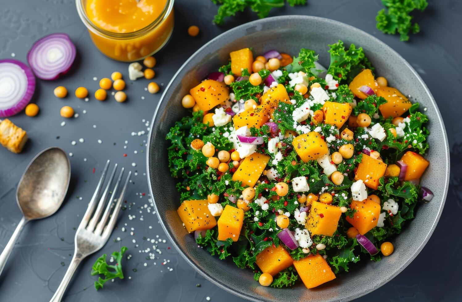 Fresh Kale Salad With Butternut Squash and Feta on Dark Surface photo