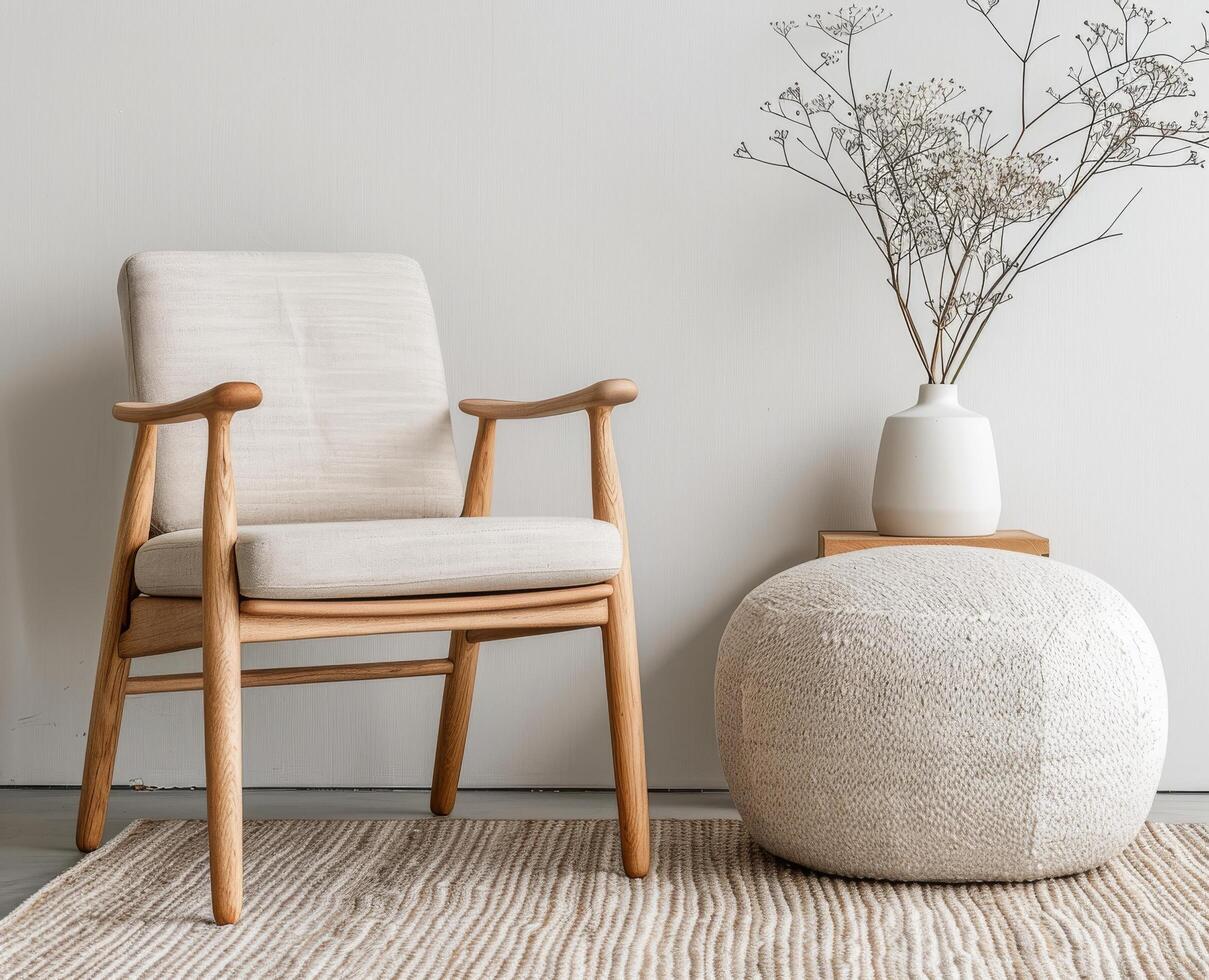 Cozy Living Space With Wooden Chair, Knitted Pouf, And Decorative Vase photo